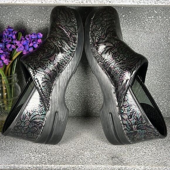 Dansko Leather Metallic Floral Clogs Mules Professional Shoes EU 42 US 11.5 - Picture 6 of 9